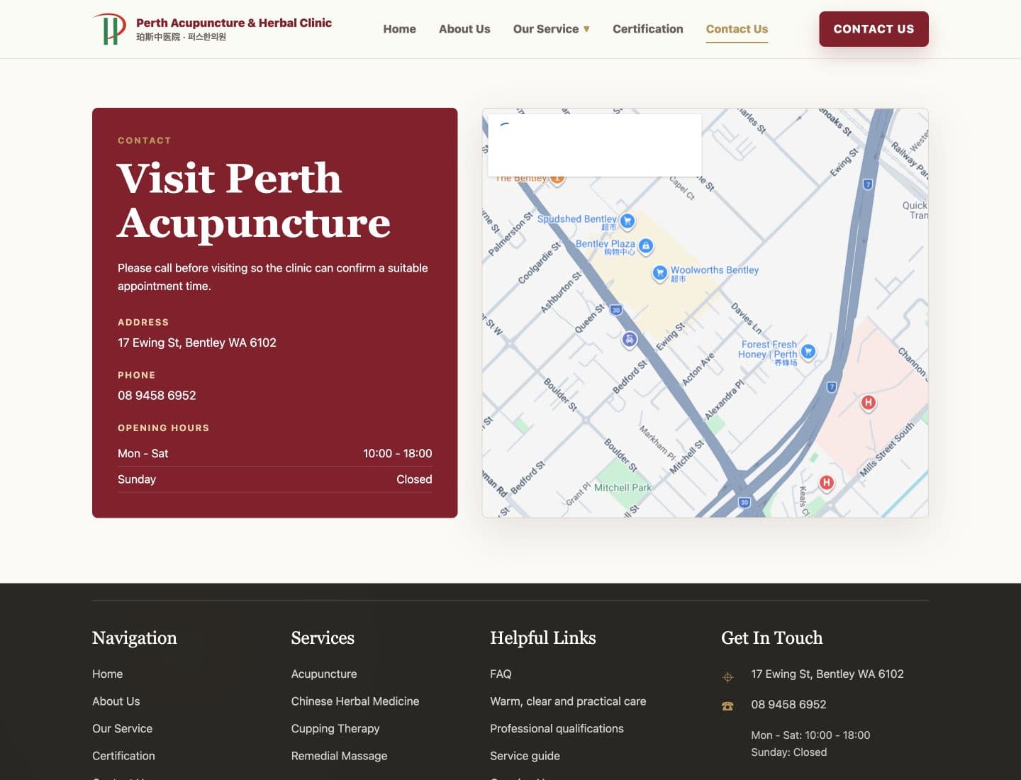 Contact and map page from the Perth Acupuncture and Herbal Clinic website