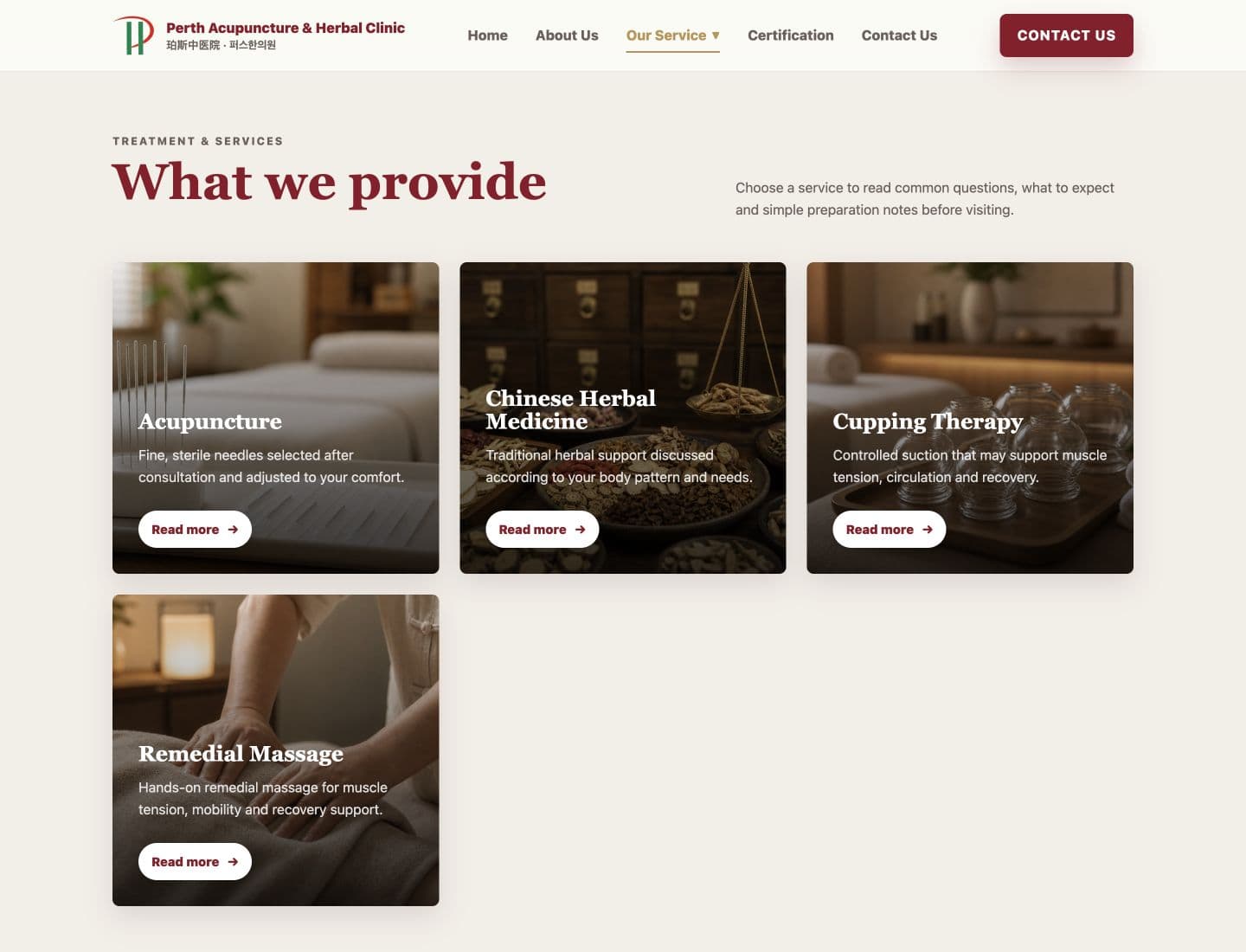 Services page from the Perth Acupuncture and Herbal Clinic website